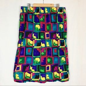 Vintage 80s Bright Floral Colorblock Skirt XL